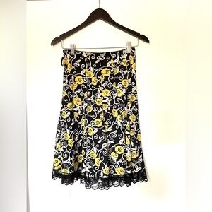Floral Elastic Waist A Line Skirt - Black Yellow and White Floral